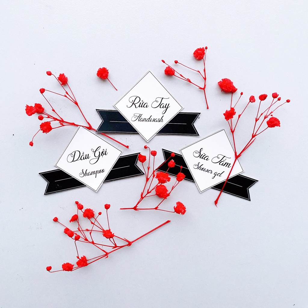 STICKER đánh dấu chai đựng đồ sữa tắm, dầu gội, nước rửa tay cán nilong chông thấm nước