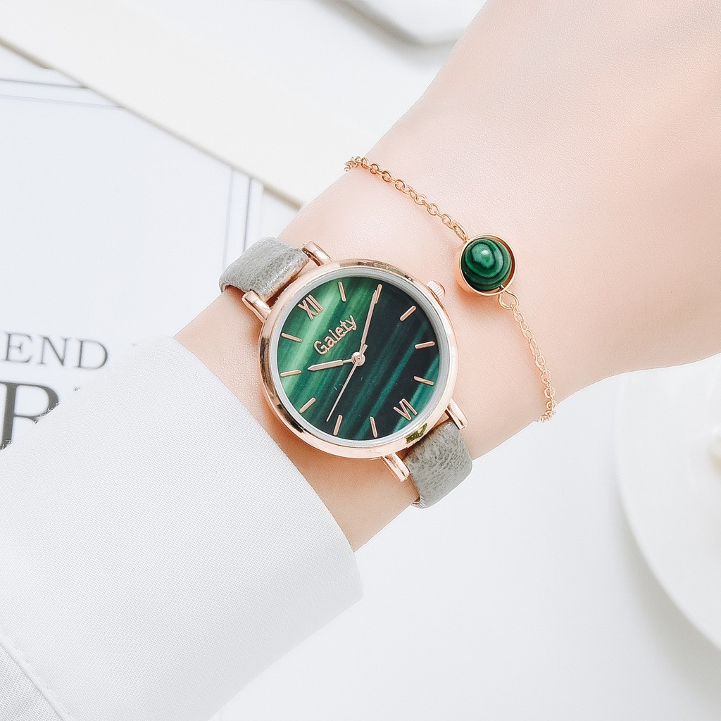 Đồng hồ đeo tay nữ Galety phong cách cổ điển dây da thời trang dây da mặt tròn tặng kèm vòng tay
