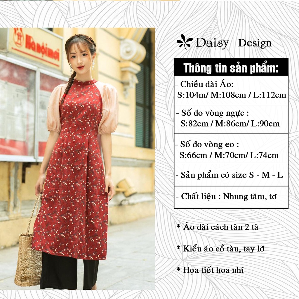 Áo dài cách tân DAISY dáng ôm chất liệu nhung tăm, Kiểu áo cổ tàu tay tơ lỡ mặc du xuân chụp ảnh siêu đẹp TKAD0104