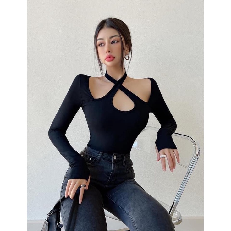 ÁO KIỂU DÀI TAY DÂY CỔ ĐẮP CHÉO THUN MÀU ĐEN