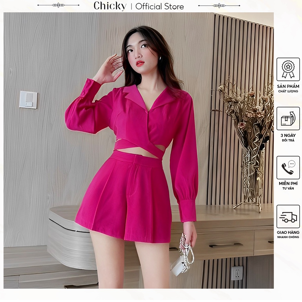 set bộ đồ nữ áo crotop cổ sơ mi tay dài phối với quần đùi trẻ trung