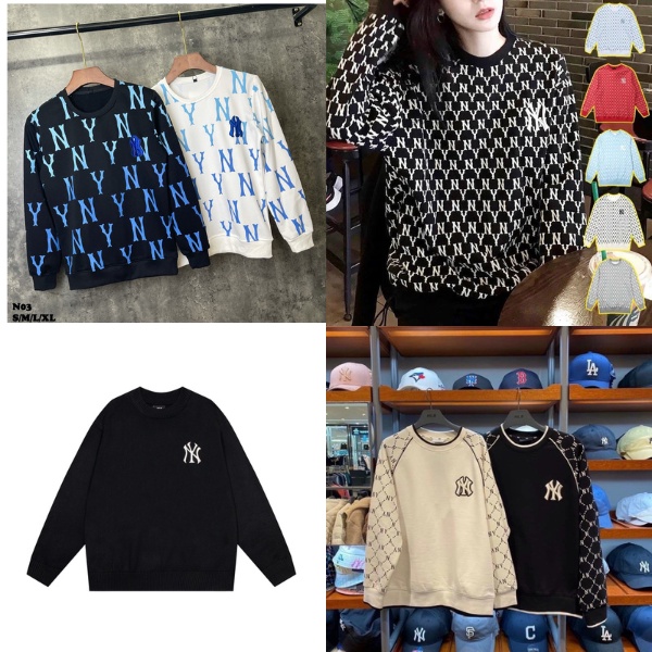 Áo nỉ sweater NY MLB raglan dài tay cổ hình tròn hoạ tiết tay monogram 4 MẪU