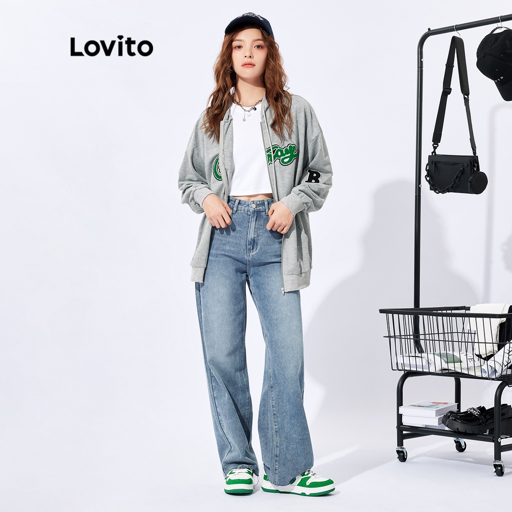 Áo len Lovito quá cỡ unisex họa tiết chữ cái khóa kéo có túi dây rút màu trơn phong cách thường ngày L32FW024 (màu xám)
