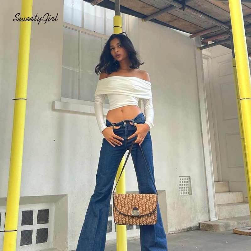 Áo croptop tay dài trễ vai dáng ôm màu trơn thời trang quyến rũ cho nữ