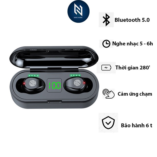 " Rẻ Nhất Shopee " Tai Nge Không Dây Bluetooth 5.0 AMOI F9 - Nút Cảm Ứng, Âm Thanh Hay Pas Chuẩn - Đèn led Hiện Thị Pin