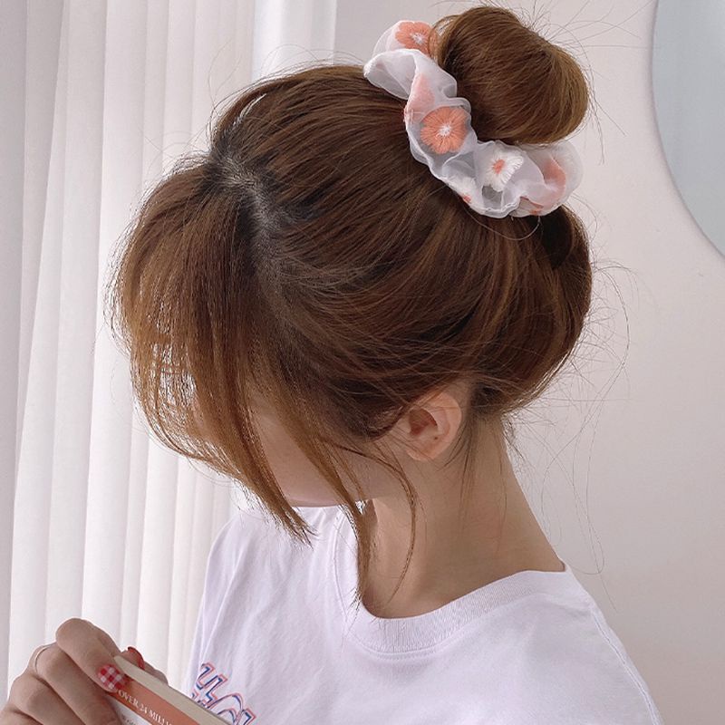 Dây Buộc Tóc Vải Hình Hoa Thêu, Cột Tóc Scrunchies Màu Pastel Xanh Hồng Dễ Thương Hanada K4-V005