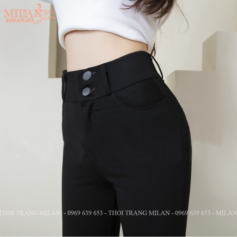 Quần legging nữ cạp cao gen bụng 2 khuy có túi nâng mông khóa kéo vải Umi đen dày co giãn ôm body mặc công sở đi học ngủ