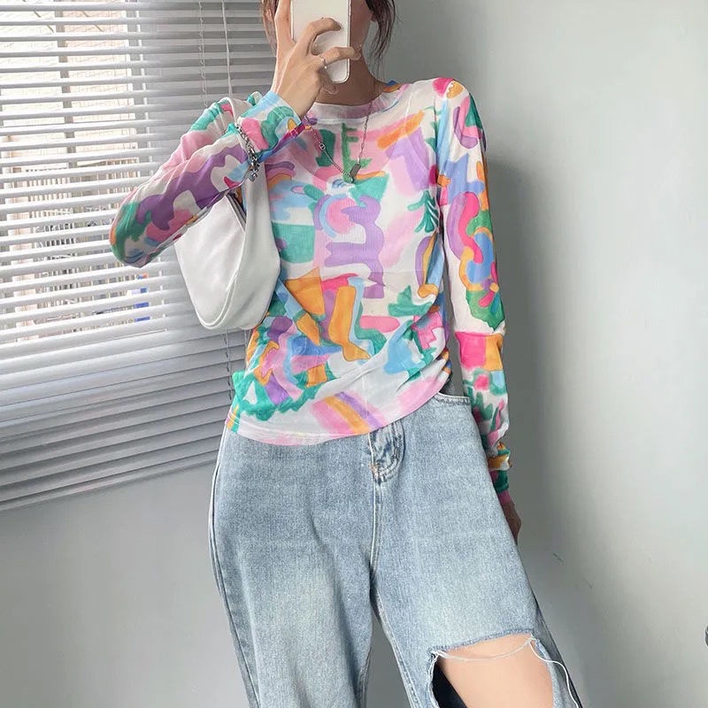 Áo Thun Tay Dài Phối Lưới Nhuộm Màu Phong Cách Phương Tây Thời Trang Mùa Hè Mới Cho Nữ 2021 | BigBuy360 - bigbuy360.vn