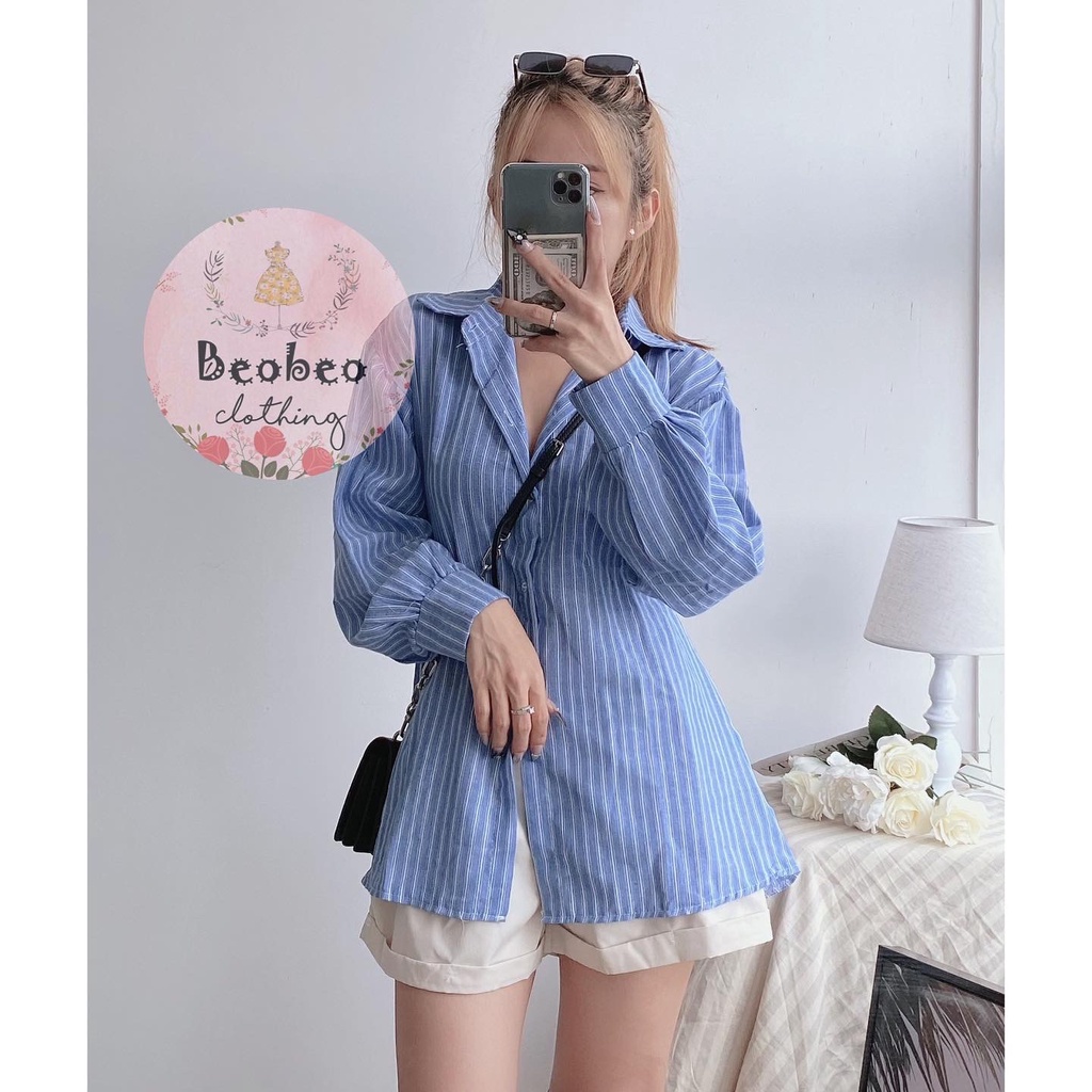 Áo sơ mi kẻ sọc rút dây cột nơ lưng ulzzang