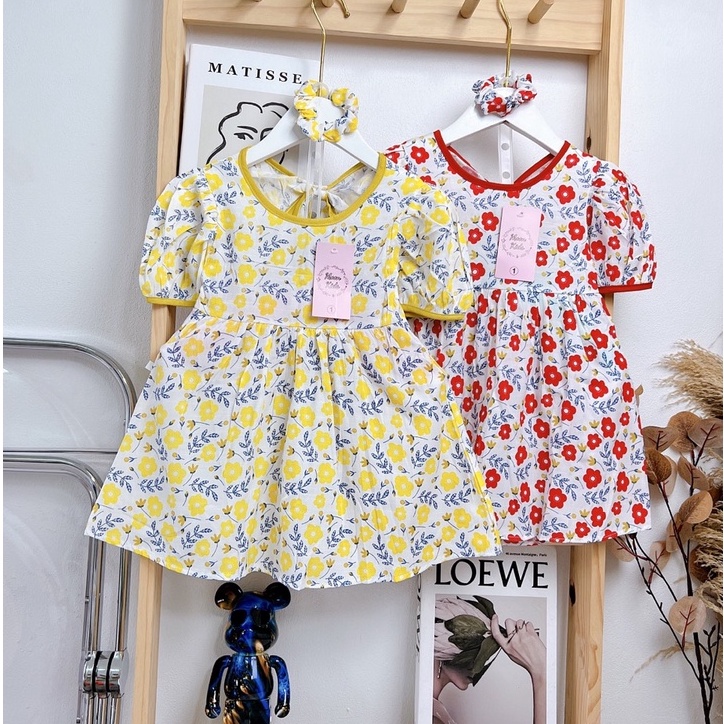 Váy hoa tay bồng dây buộc nơ lưng cho bé gái 8-20kg