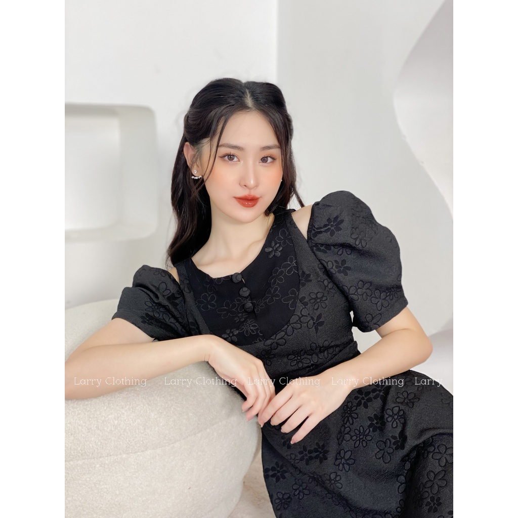Đầm thiết kế nữ váy khoét vai chất gấm in hoa cao cấp lịch sự thời trang thiết kế Larry Clothing V665