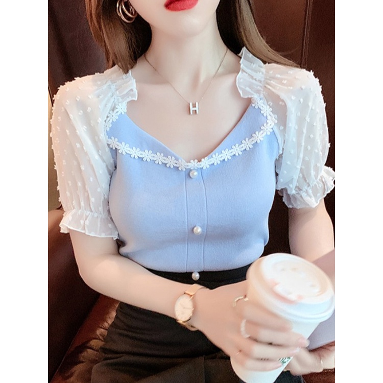 Áo chiffon Tay Ngắn Cổ Chữ v Dáng Ôm Phối Ren Thời Trang Cho Nữ