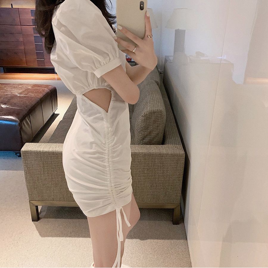 Váy nữ ôm sát trắng dây rút hông cổ tròn tay bồng khoét hai bên eo nữ tính gợi cảm