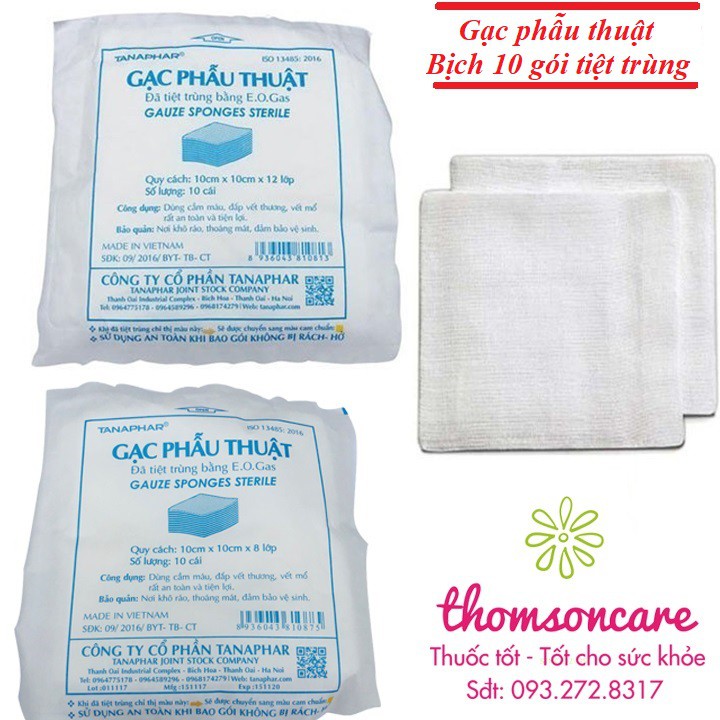 Gạc băng vết thương, gạc phẫu thuật Tanaphar Túi 10 gói tiệt trùng