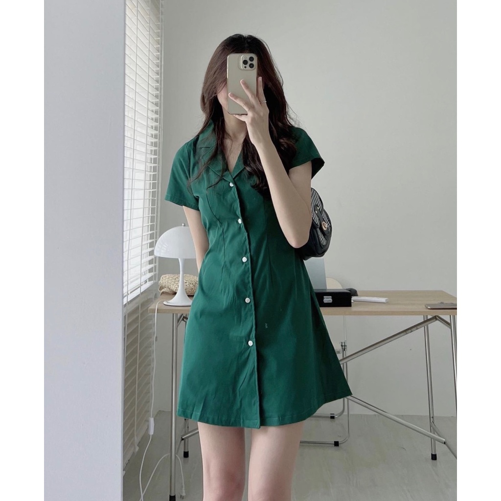 Váy sơ mi cổ vest dáng chữ A lưng chun / Đầm thô chữ A A9501N Nhung Nhớ