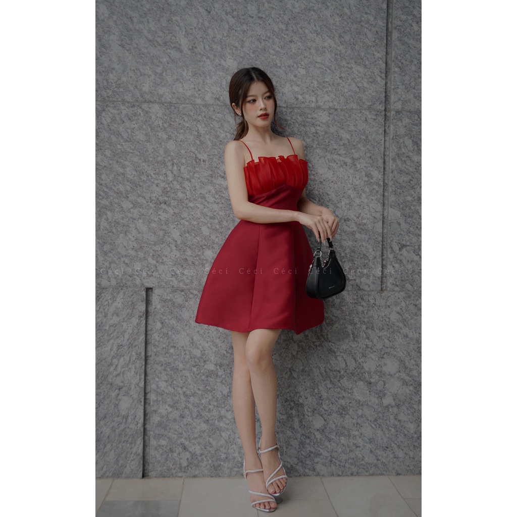 Size SML - Đầm hai dây dáng xòe phối organza bèo ngực, Céci Store.