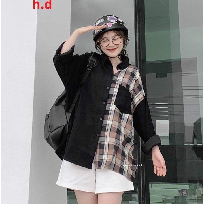 Áo sơ mi phối kẻ caro nữ 🎁 Nana's House - FREESHIP 🎁 Áo dài tay form rộng, dáng suông thiết kế đơn giản HOT