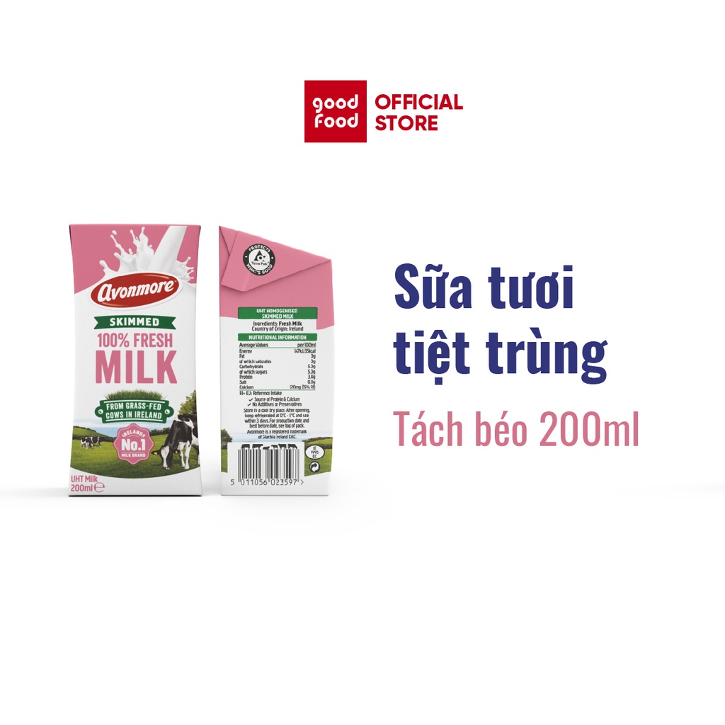 Thùng 24 hộp Sữa tươi tách béo tiệt trùng (không đường) Avonmore UHT Skimmed Milk 200ml giảm cân giữ dáng