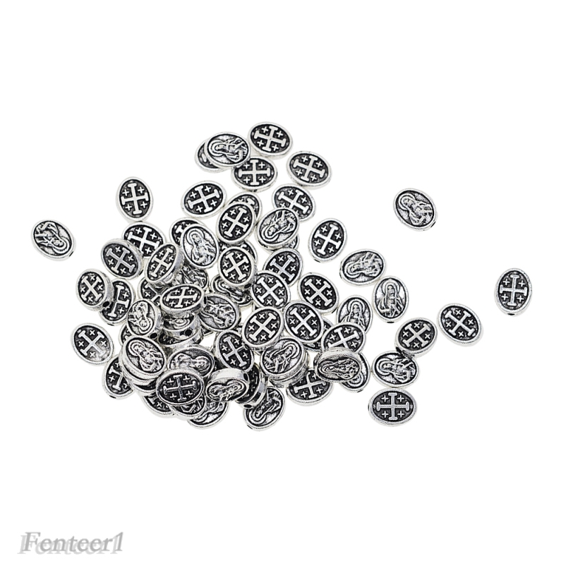 [FENTEER1] 50pcs Alloy Mary Cross Oval Spacer Beads Jewelry Making Charms Findings