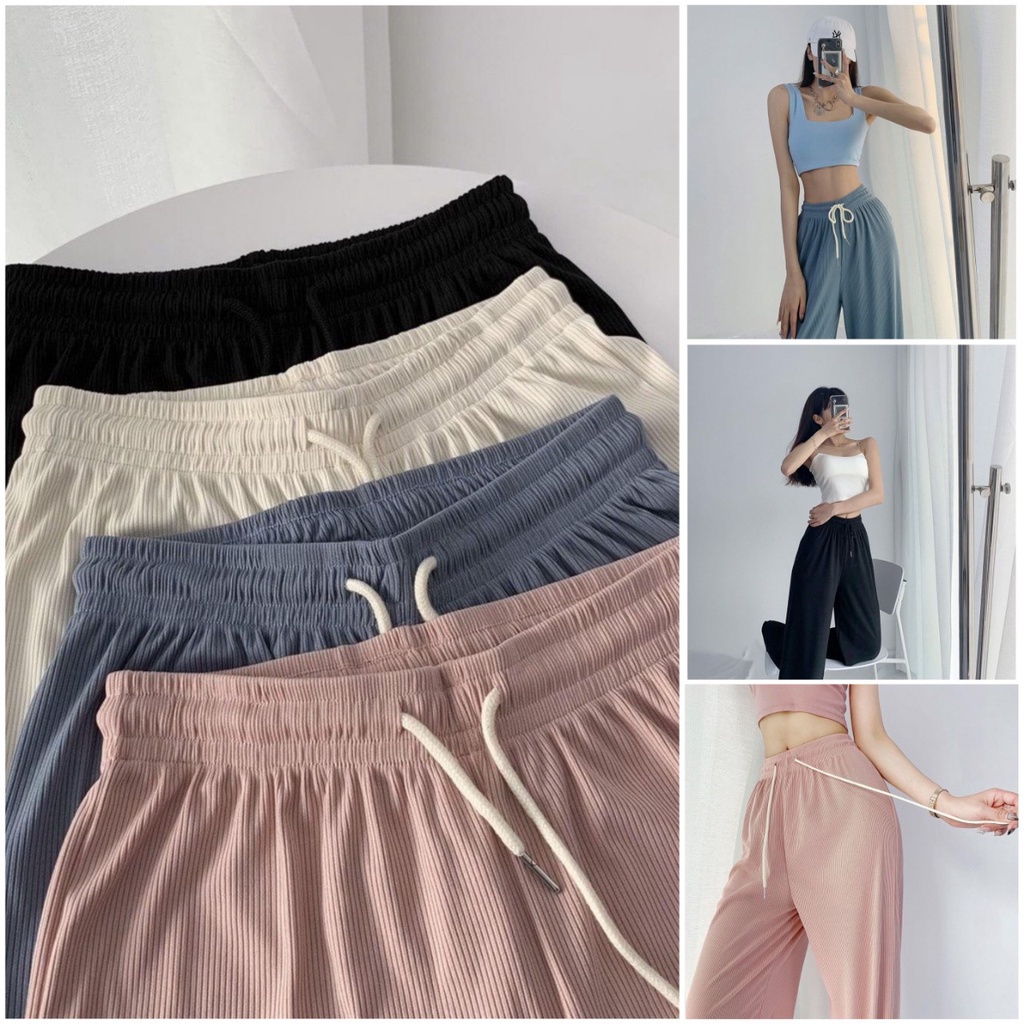 Quần ống suông len tăm nữ rộng dài hack dáng có dây rút kiểu quần ống rộng suông vải len tăm thun gâ