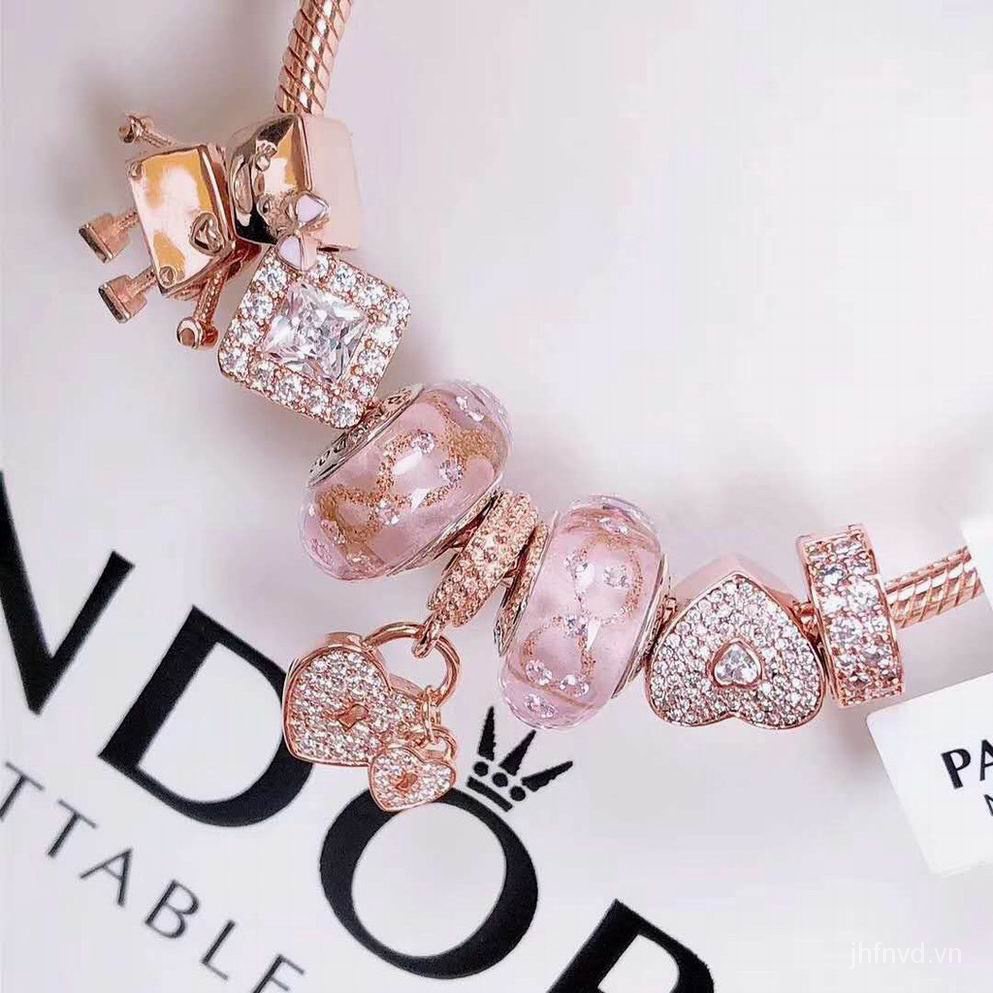 Vòng tay mạ bạc 925 phối màu hồng Pandora phong cách cổ điển kèm hộp phù hợp làm quà tặng cho bạn gái