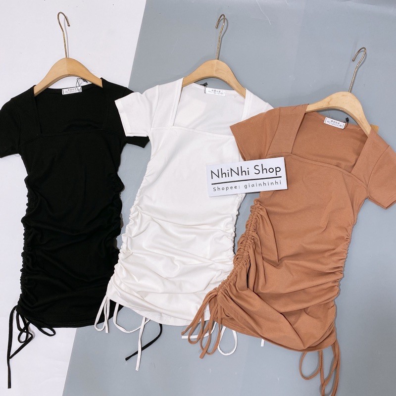 Váy body cổ vuông rút dây 2 bên, Đầm dáng ôm ngắn tay VS1601 - NhiNhi Shop | BigBuy360 - bigbuy360.vn
