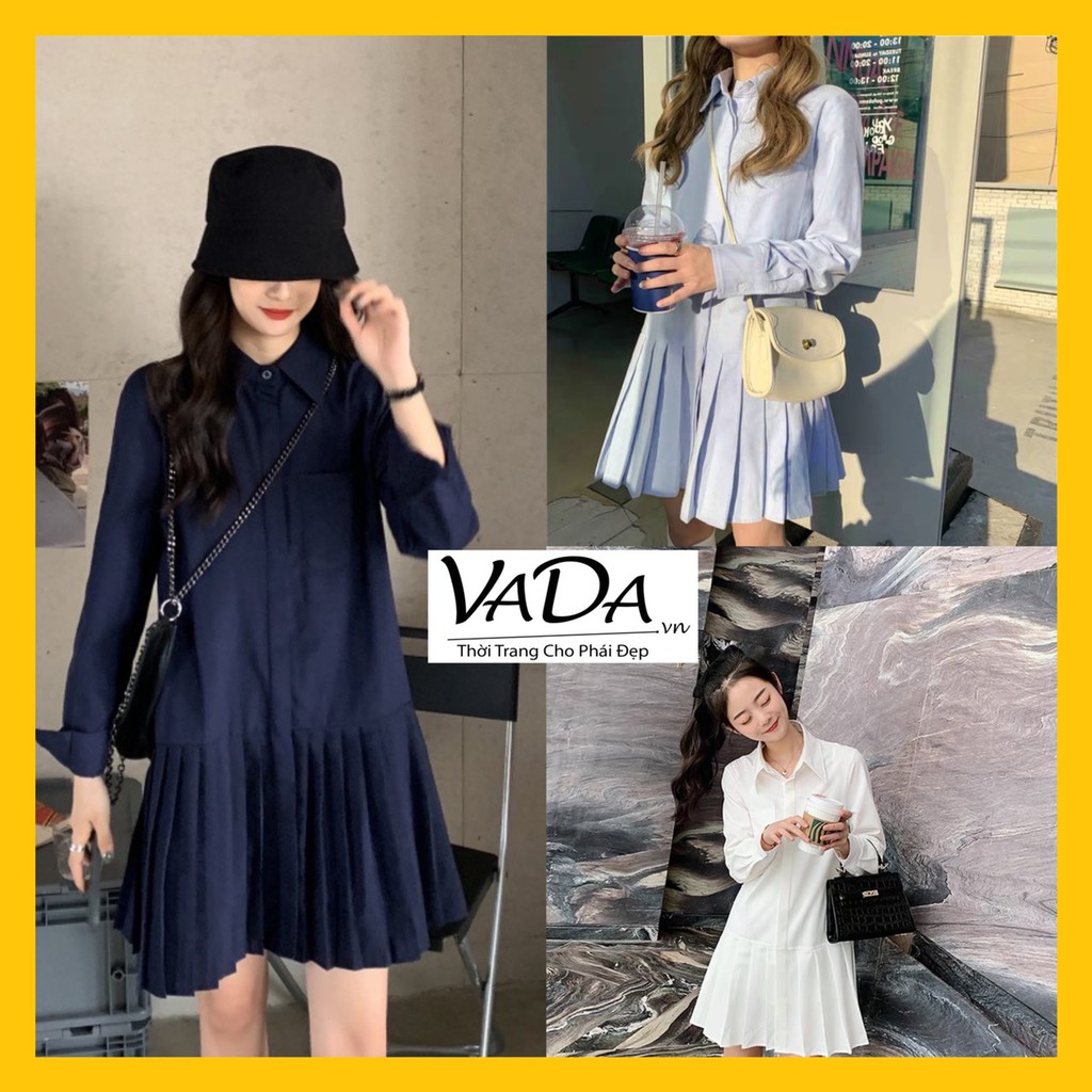 Đầm suông cổ sơ mi tùng dập ly KÈM HÌNH THẬT dạo phố, đi tiệc ,trẻ trung, thanh lịch, cá tính -Thời Trang VADA - (Đ68)