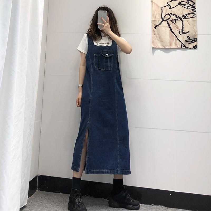 Váy yếm jeans xanh đậm xẻ tà ulzzang Hàn (ảnh thật)