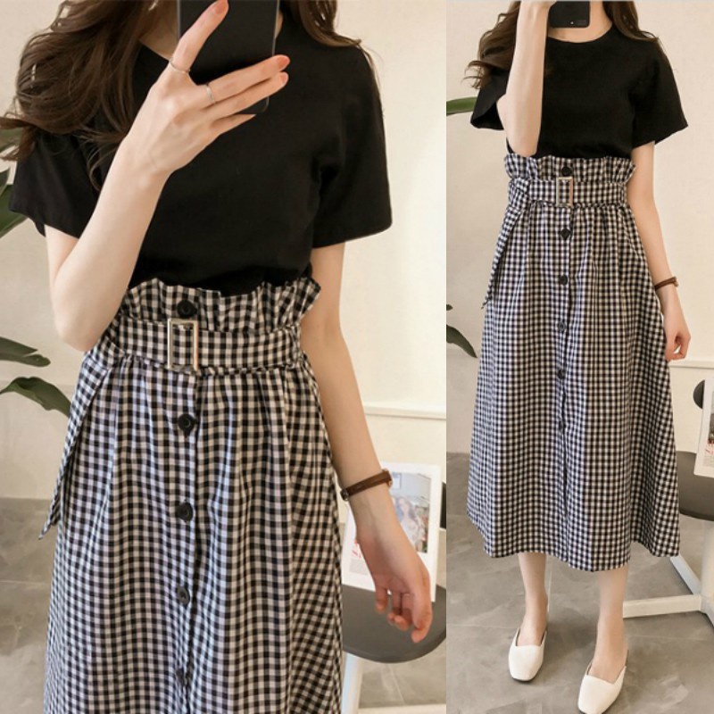 Bộ Trang Phục 2 Mảnh Gồm Áo Thun Tay Ngắn + Chân Váy Lưng Cao Kẻ Sọc Ca Rô Plus Size C1396