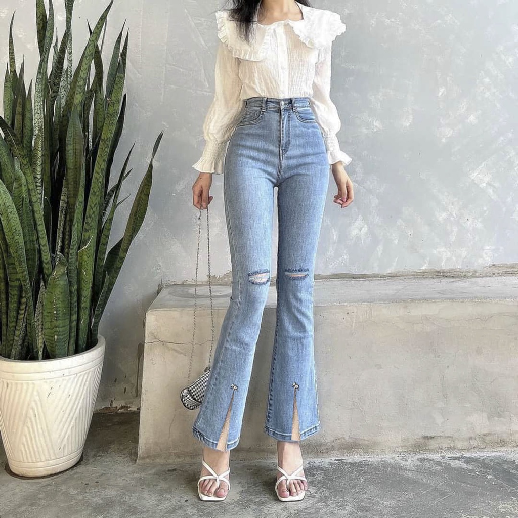 Quần jean ống loe bass nữ lưng cao xẻ tà chất jean cooton co dãn mạnh mẫu hót thuydieushop96 jn1