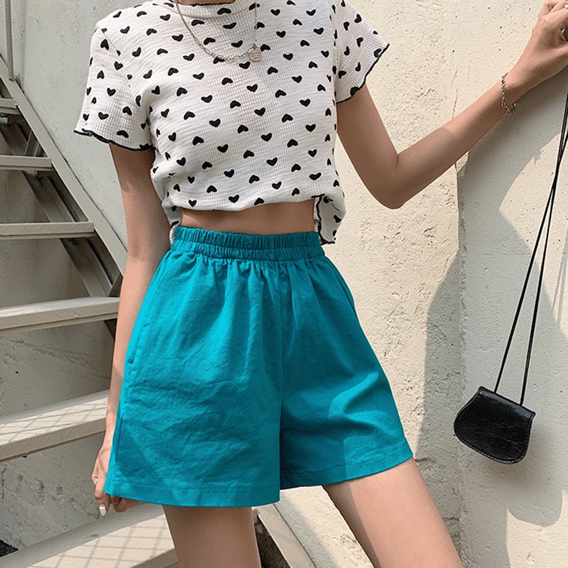 Quần ngắn thể thao IELGY lưng cao ống rộng màu trơn thời trang Hàn Quốc giản dị cho nữ