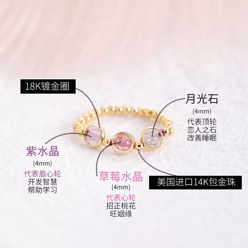 Nhẫn Pha Lê Tự Nhiên May Mắn Thiết Kế Tinh Thể Dâu Tây Thạch Anh Tím Chuyển Năng Lượng Cho Nữ