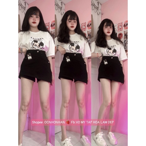 set áo thun fom rộng phối chân váy đắp chéo , Áo phông form rộng kết hợp chân váy