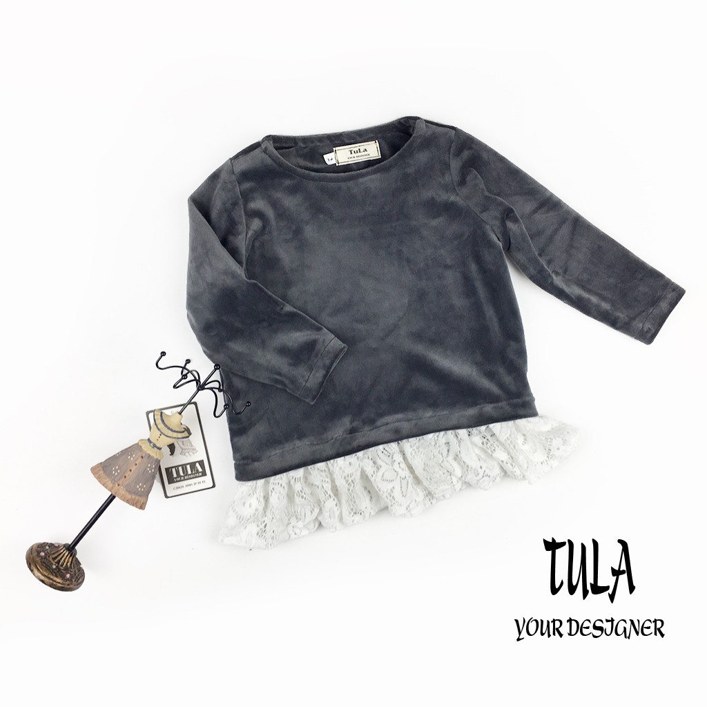 Bộ quần áo thu đông thiết kế cho bé gái phối nhung và ren