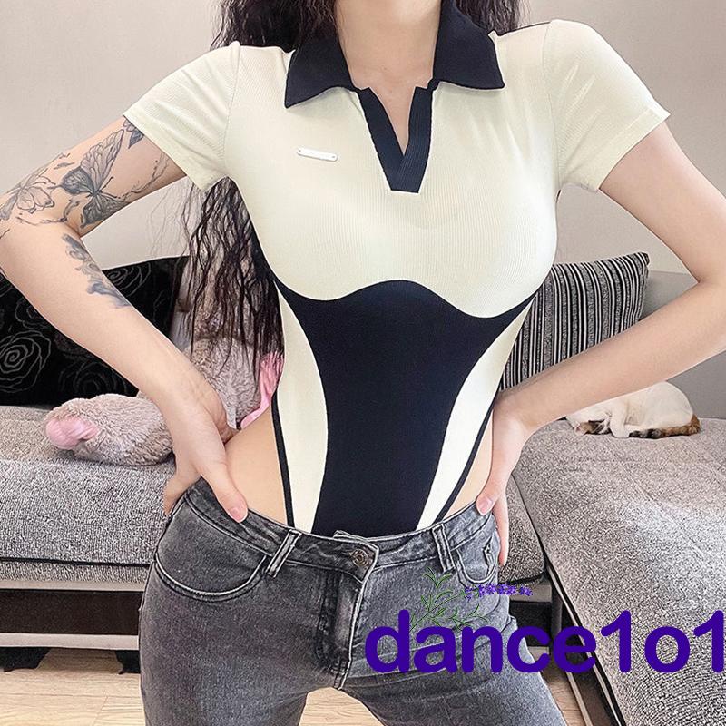 Áo liền quần Tay Ngắn Cổ Bẻ Màu Sắc Tương Phản Thời Trang Cho Nữ dance1o1-