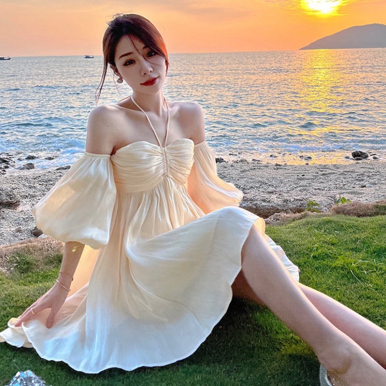 Váy trắng LUHAZO đi biển nữ đẹp trễ vai cúp ngực maxi 2 dây dài rộng bigsize kiểu  vintage hở lưng óng ánh DK2t4