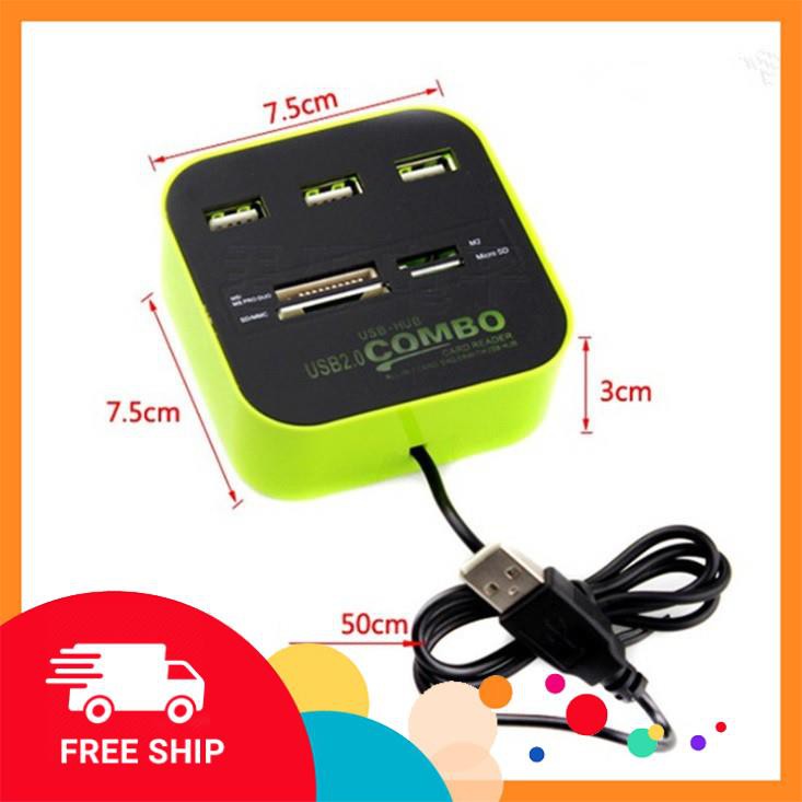 Mơi về! Bộ chia USB HUB kiêm đầu đọc thẻ nhớ 2 in 1 cổng 2.0 giá rẻ mẫu 3 giao màu ngẫu nhiên - HD TECH