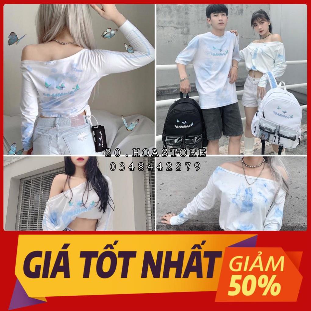 ÁO CROPTOP HỞ VAI DÀI TAY BANAWA - ÁO THUN LOANG MÀU XANH TRẮNG HOẠ TIẾT BUTTERFLY CÁNH BƯỚM TAY DÀI *21