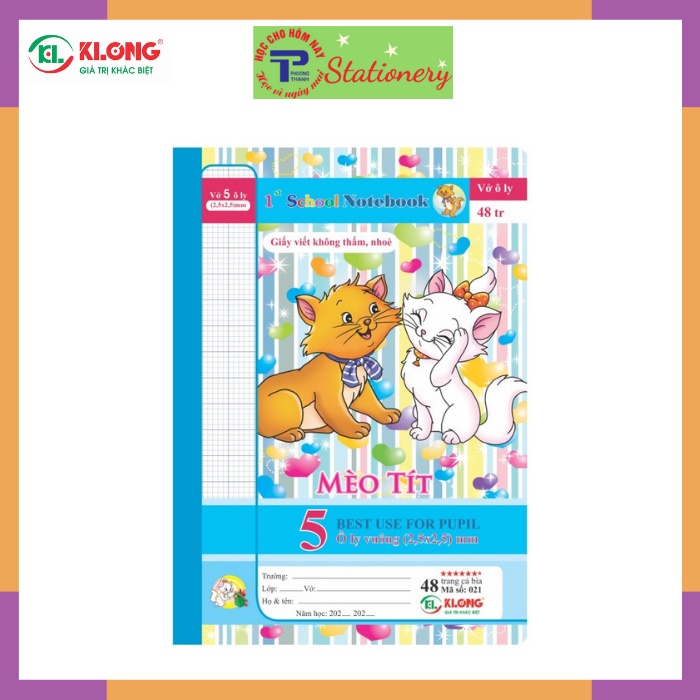 Vở 5 ô ly, 4 ô ly 48tr, 80tr Klong định lượng 100g/m2 bìa hình chích bông, mèo tít, hổ nhi, sóc bi; MS: 021,022, 005
