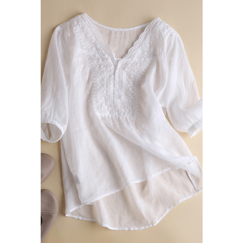 Áo cotton lanh lạnh ngắn tay thêu cổ chữ V thời trang hè