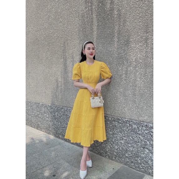 Đầm midi xốp tầng tay bồng CS