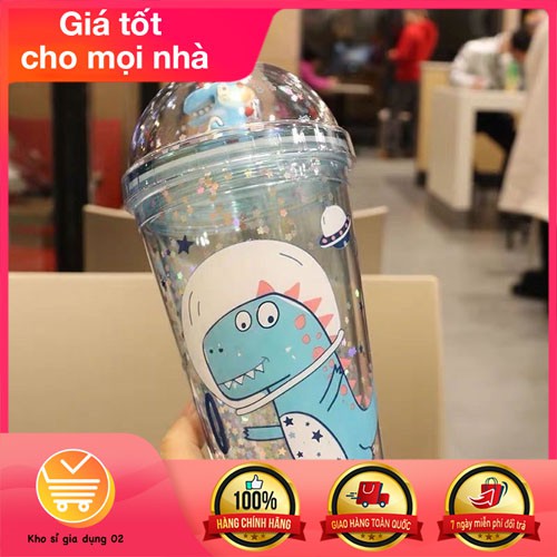 Ly giữ nhiệt khủng long 500ml, 2 lớp phủ kim tuyến tặng kèm ống hút siêu sang