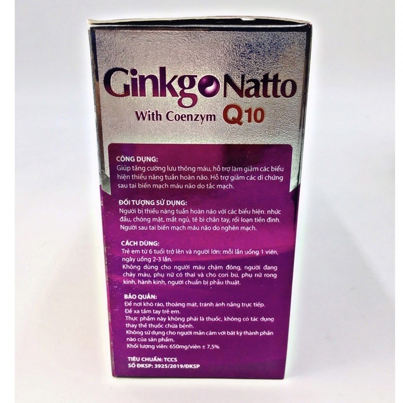 Ginkgo Natto Q10 Tăng cường lưu thông máu, giảm các di chứng sau tai biến (hộp 100 viên )