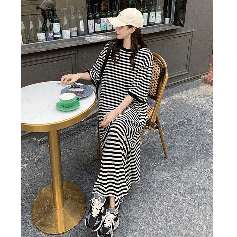 COZOK Đầm Tay Ngắn Dáng Rộng Họa Tiết Kẻ Sọc Plus Size
