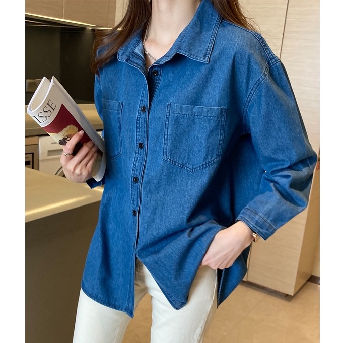 Áo Sơ Mi Denim Tay Dài Dáng Rộng Phong Cách Hàn Quốc Thời Trang Xuân Thu Cho Nữ