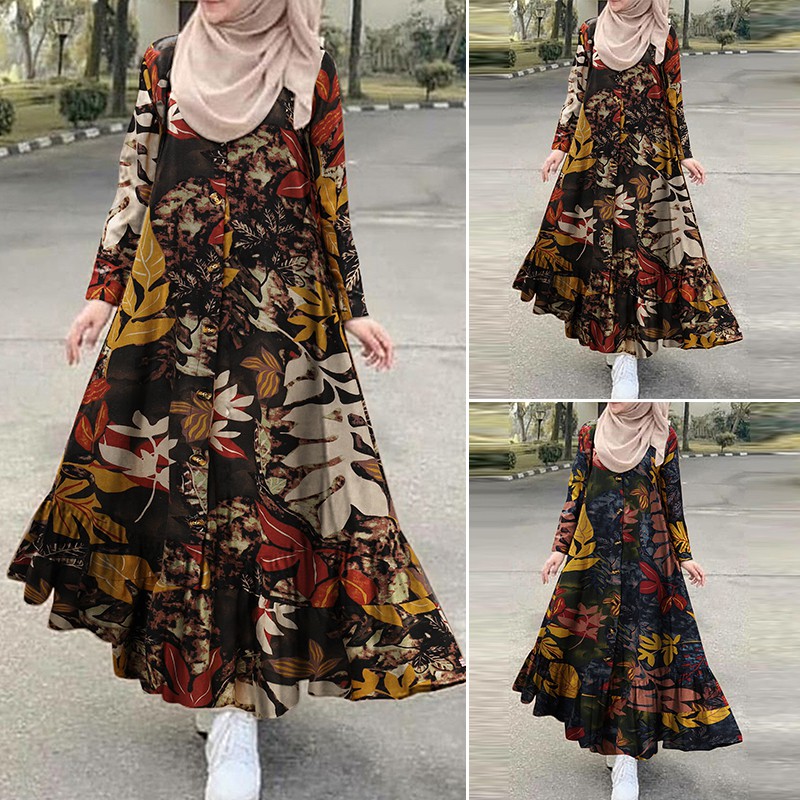 Đầm Maxi ZANZEA Tay Dài Họa Tiết Cổ Điển Cho Phụ Nữ Hồi Giáo