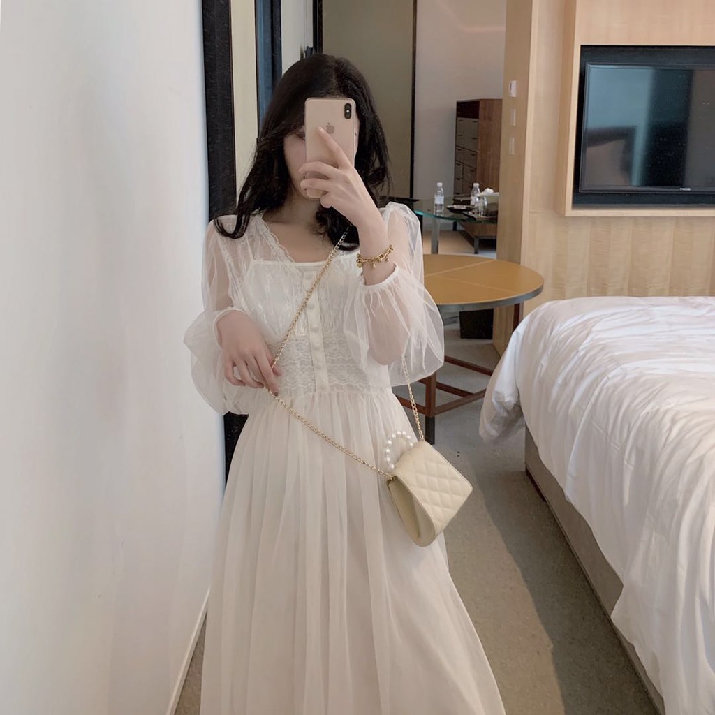 [ORDER-ảnh thật] Set đầm maxi tiểu thư ulzzang dài tay phối ren - u.w hottrend hottrend 2019