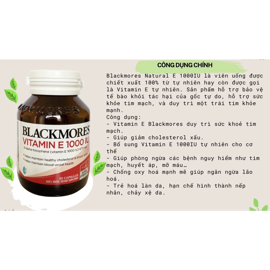 Vitamin E tự nhiên Blackmores Vitamin Natural E 1000IU, Hàng chuẩn úc đi air,  Vitamin E Úc