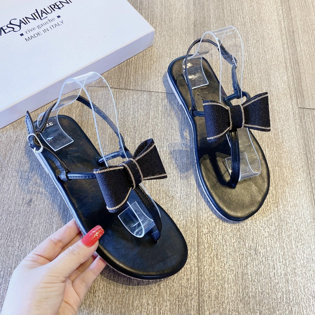 Sandal bệt đế bằng quai T xỏ ngón nơ vải Siêu xinh