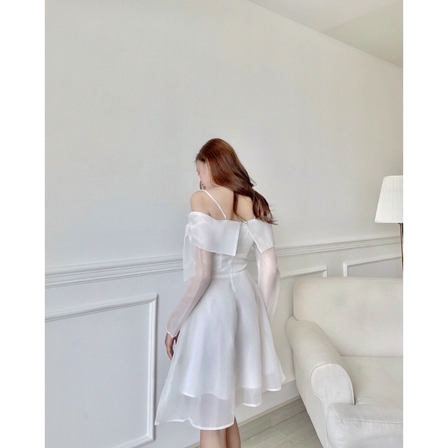 Đầm xoè phồng váy hai dây voan kiếng trễ vai nơ - TK717